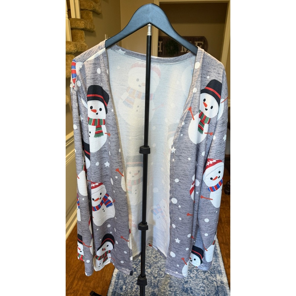 Women Snowman Print Open Front Cardigan Gray Holiday Christmas Sweater 2XL